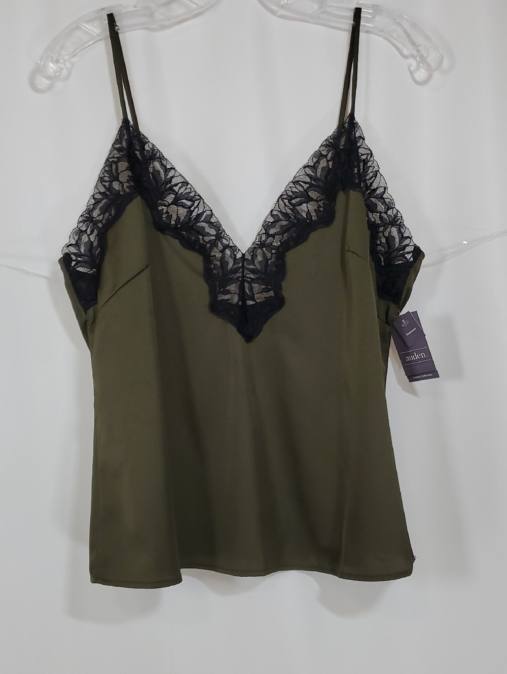 Auden™ Luxury Collection Women's Lace Trim Satin Pajama Tank Top -  Olive Green - Picture 6 of 14